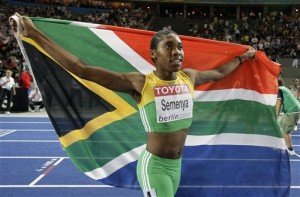 South Africa's Caster Semenya celebrates after winning the gold medal in the final of the Women's 800m during the World Athletics Championships in Berlin on Wednesday, Aug. 19, 2009. (AP Photo/David J. Phillip)